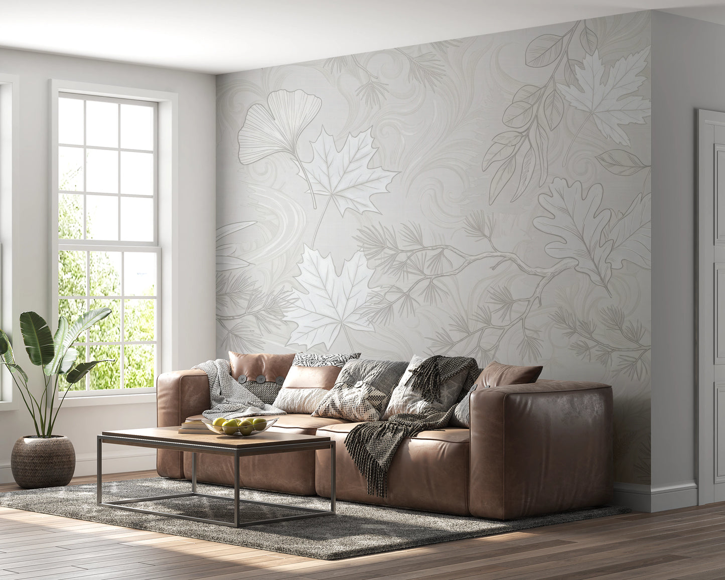 Minimalist Botanical Leaf Pattern in Soft Gray Wall Mural