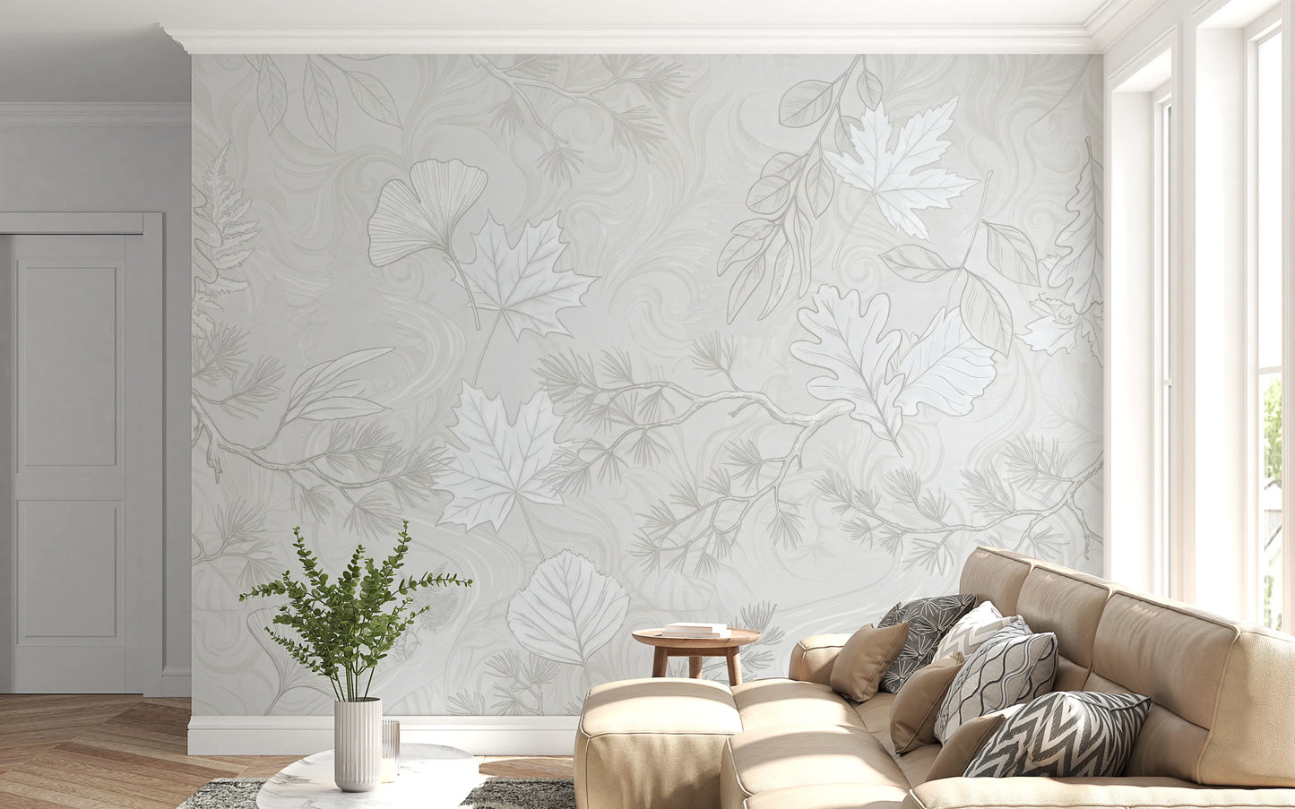 Minimalist Botanical Leaf Pattern in Soft Gray Wall Mural