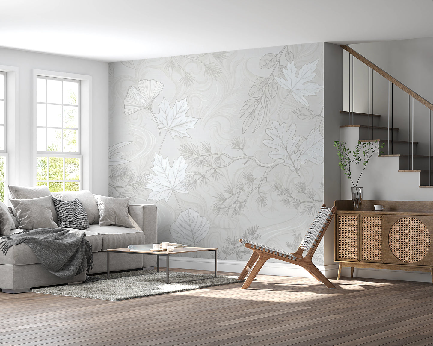 Minimalist Botanical Leaf Pattern in Soft Gray Wall Mural