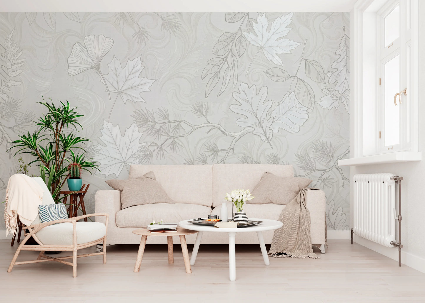 Minimalist Botanical Leaf Pattern in Soft Gray Wall Mural