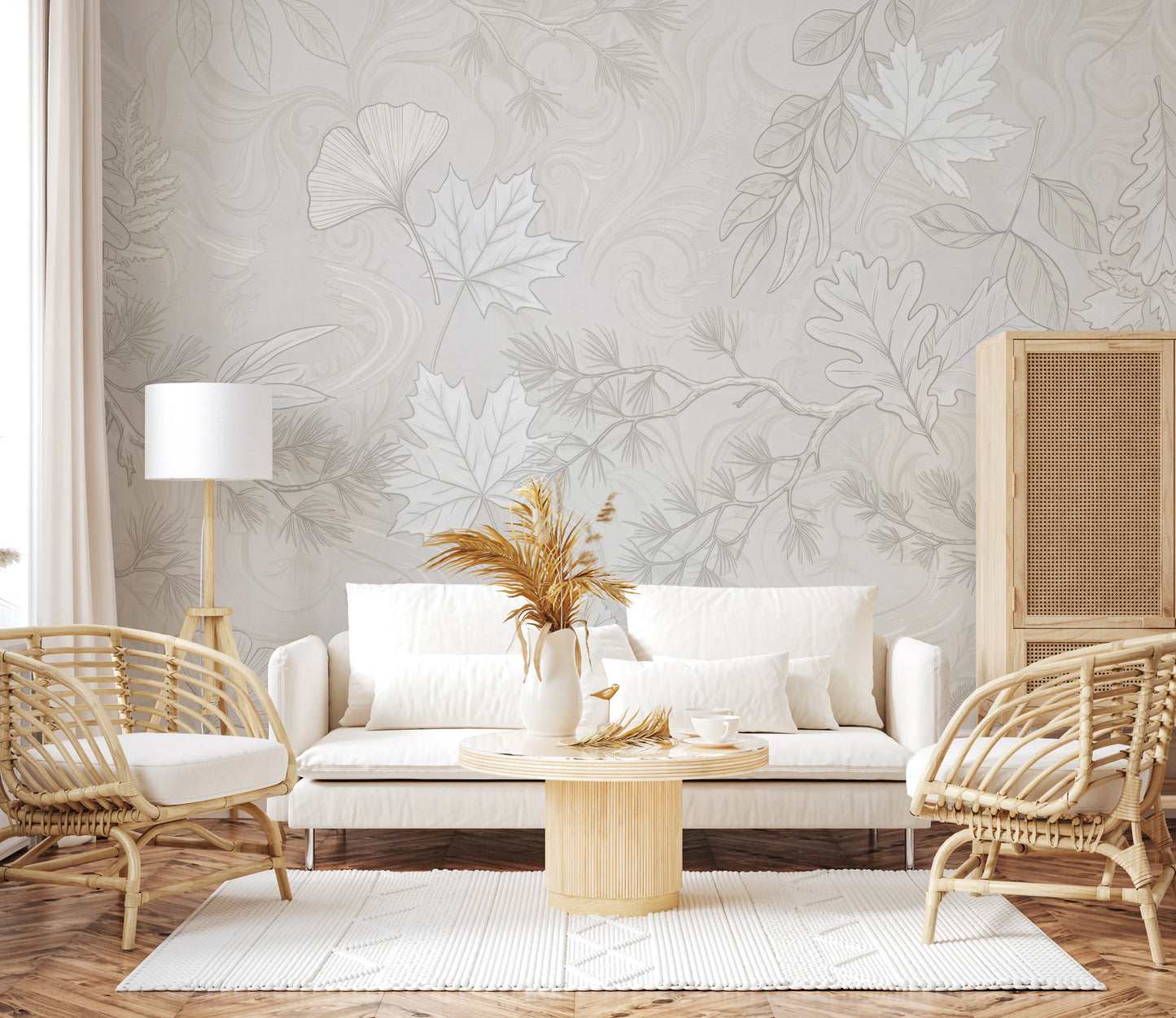 Minimalist Botanical Leaf Pattern in Soft Gray Wall Mural