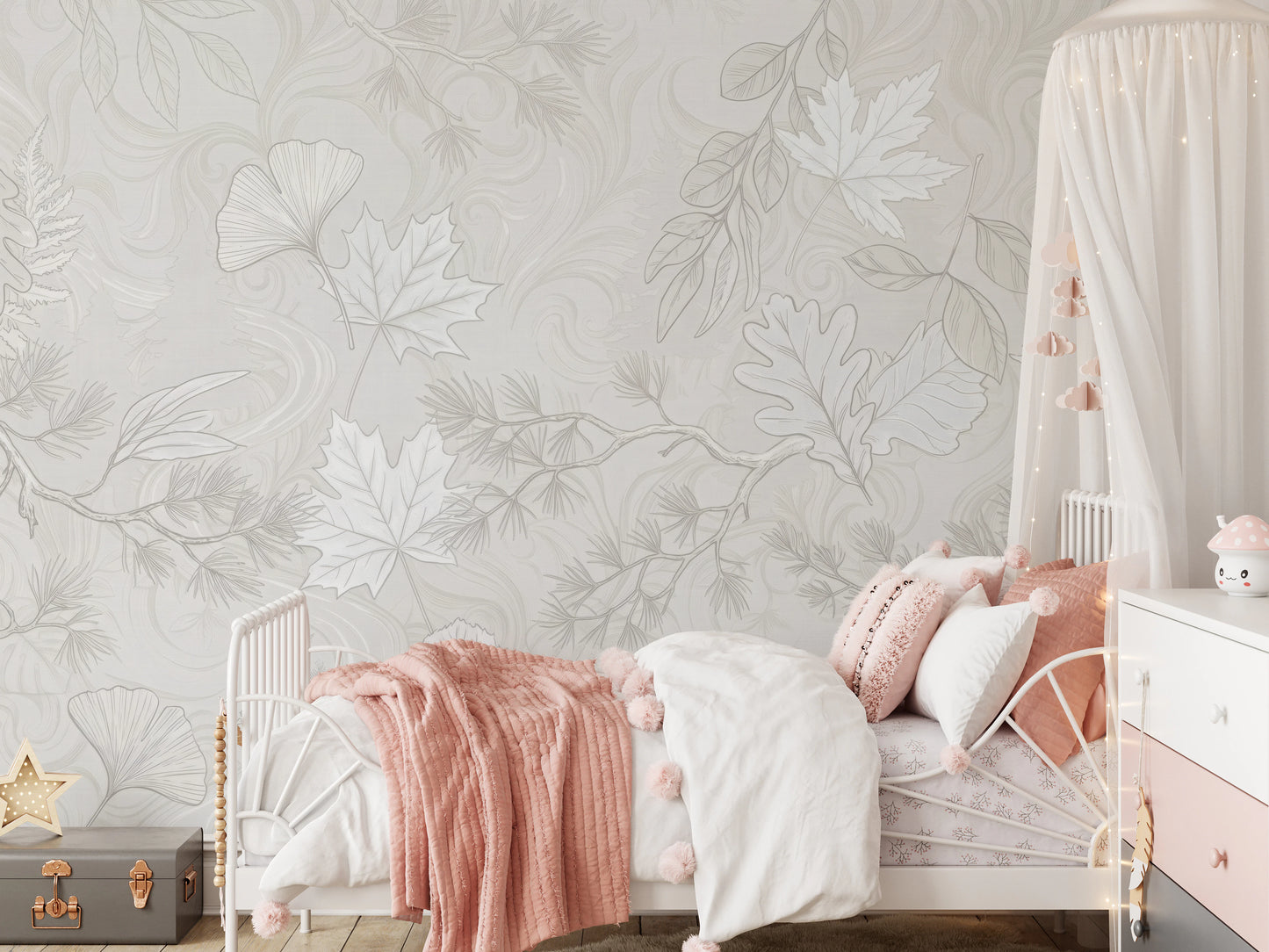 Minimalist Botanical Leaf Pattern in Soft Gray Wall Mural