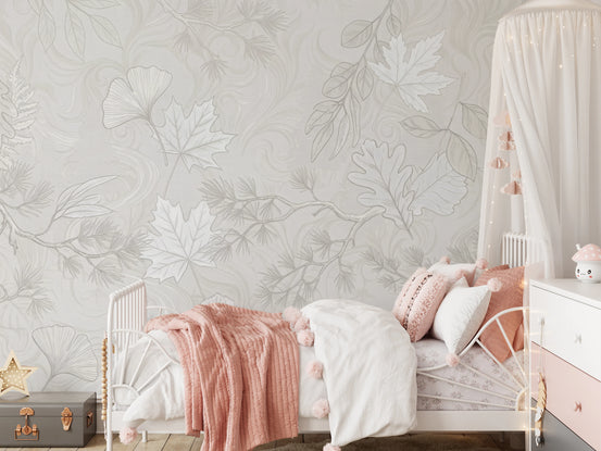 Minimalist Botanical Leaf Pattern in Soft Gray Wall Mural