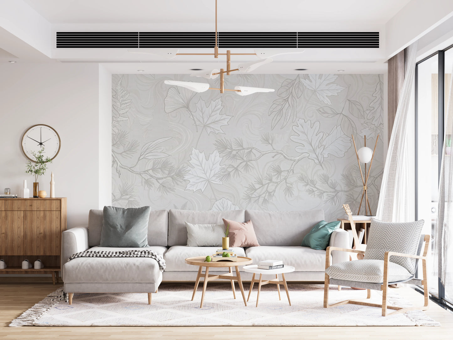 Minimalist Botanical Leaf Pattern in Soft Gray Wall Mural