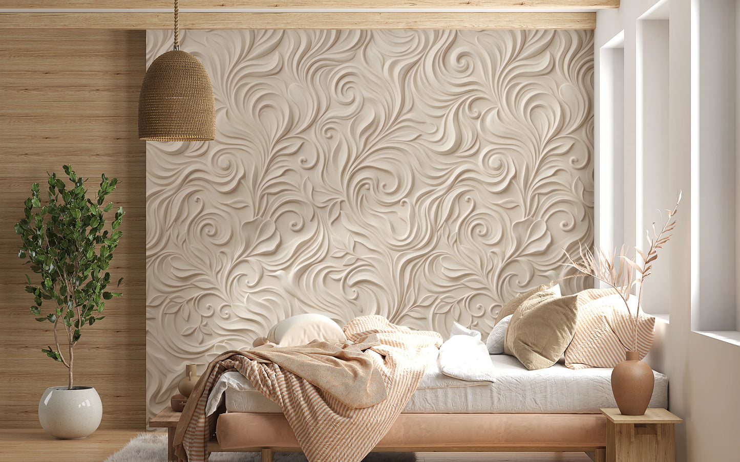 Elegant Cream Swirling Floral Relief Wallpaper Wall Mural
