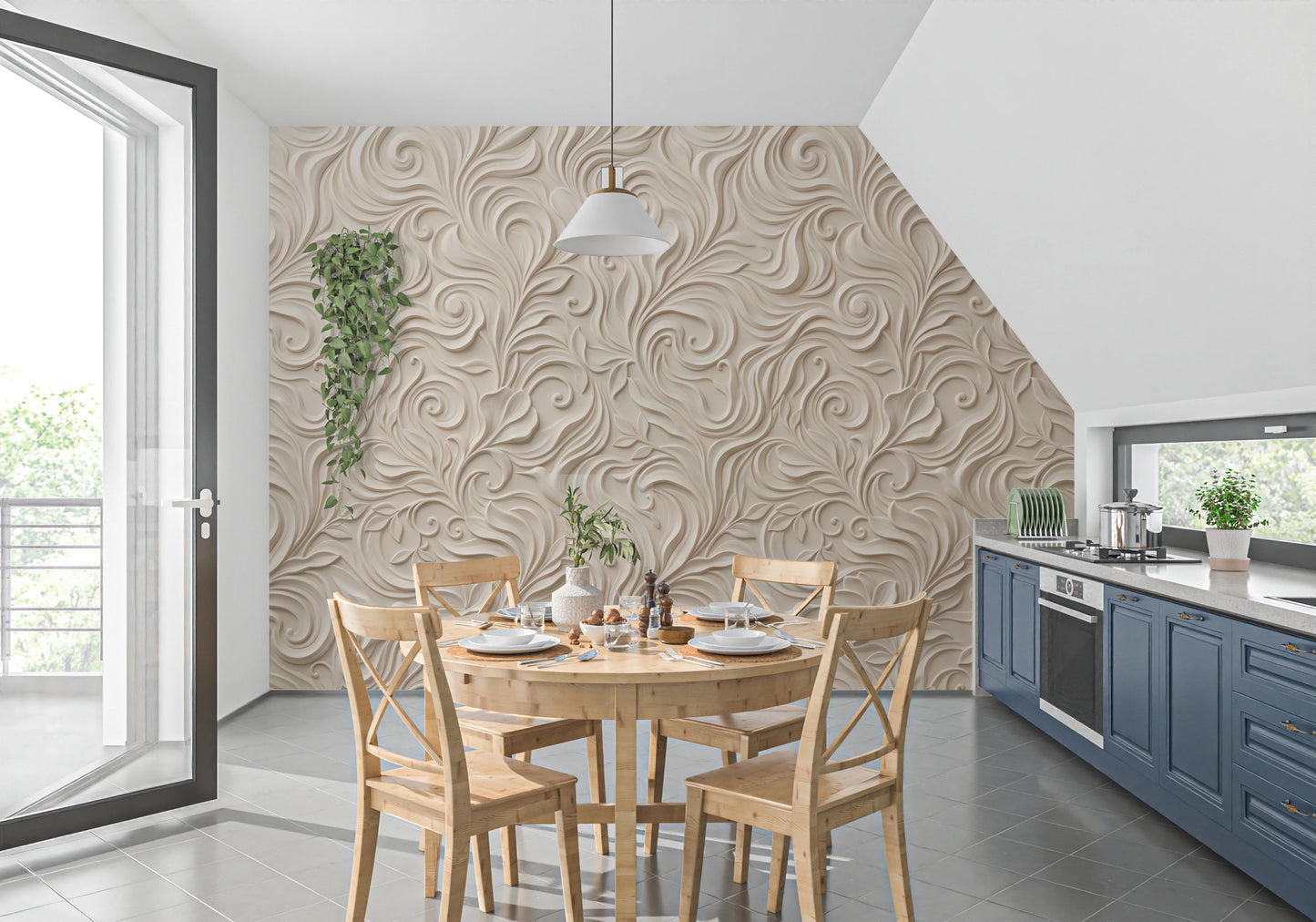 Elegant Cream Swirling Floral Relief Wallpaper Wall Mural