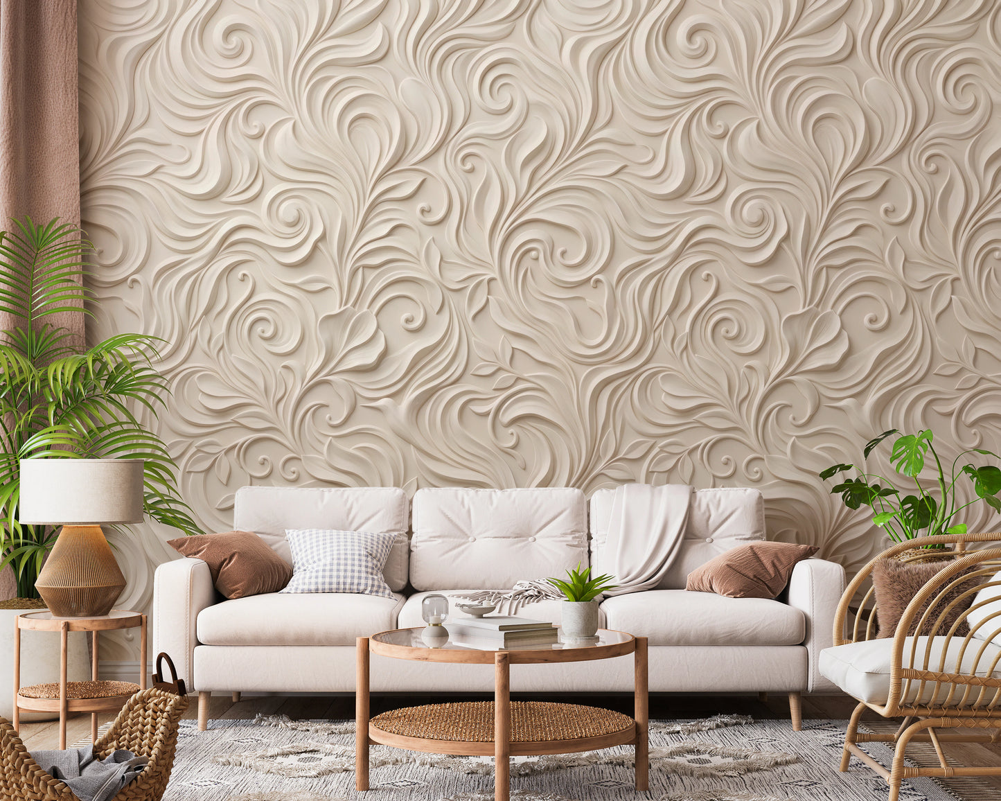 Elegant Cream Swirling Floral Relief Wallpaper Wall Mural