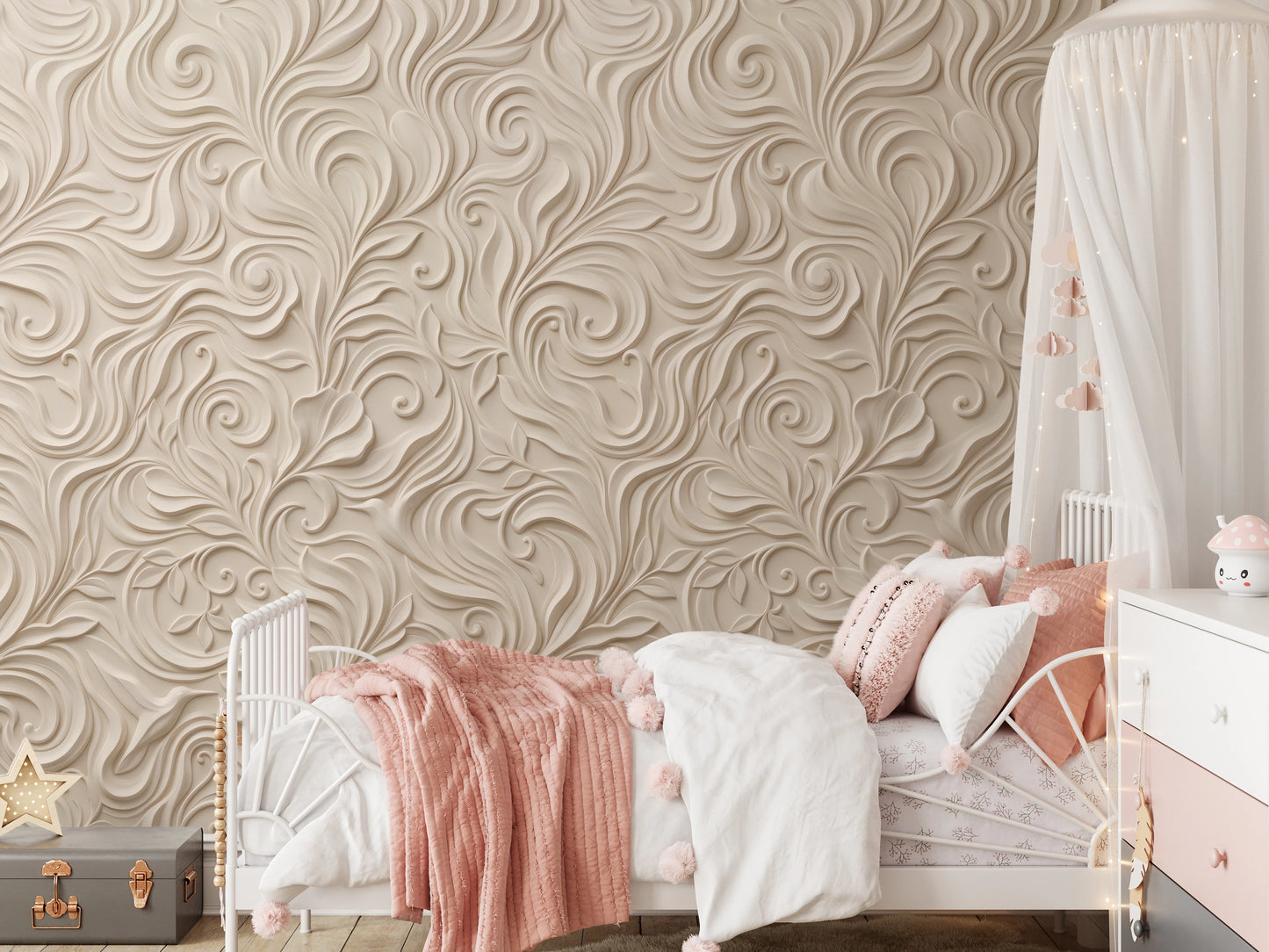 Elegant Cream Swirling Floral Relief Wallpaper Wall Mural