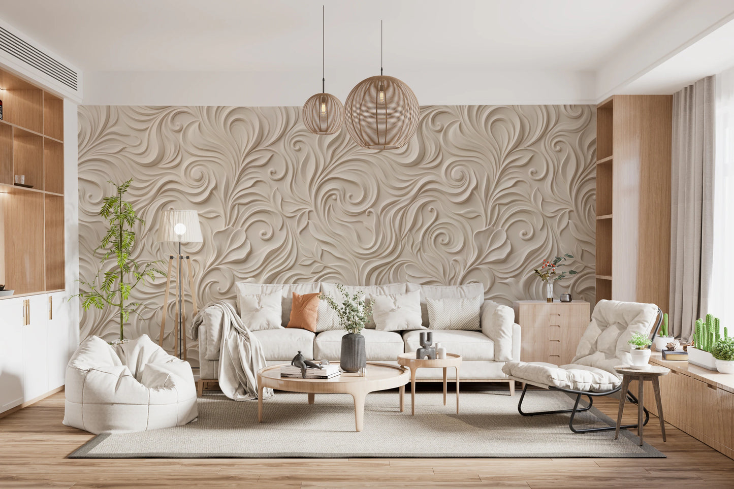 Elegant Cream Swirling Floral Relief Wallpaper Wall Mural