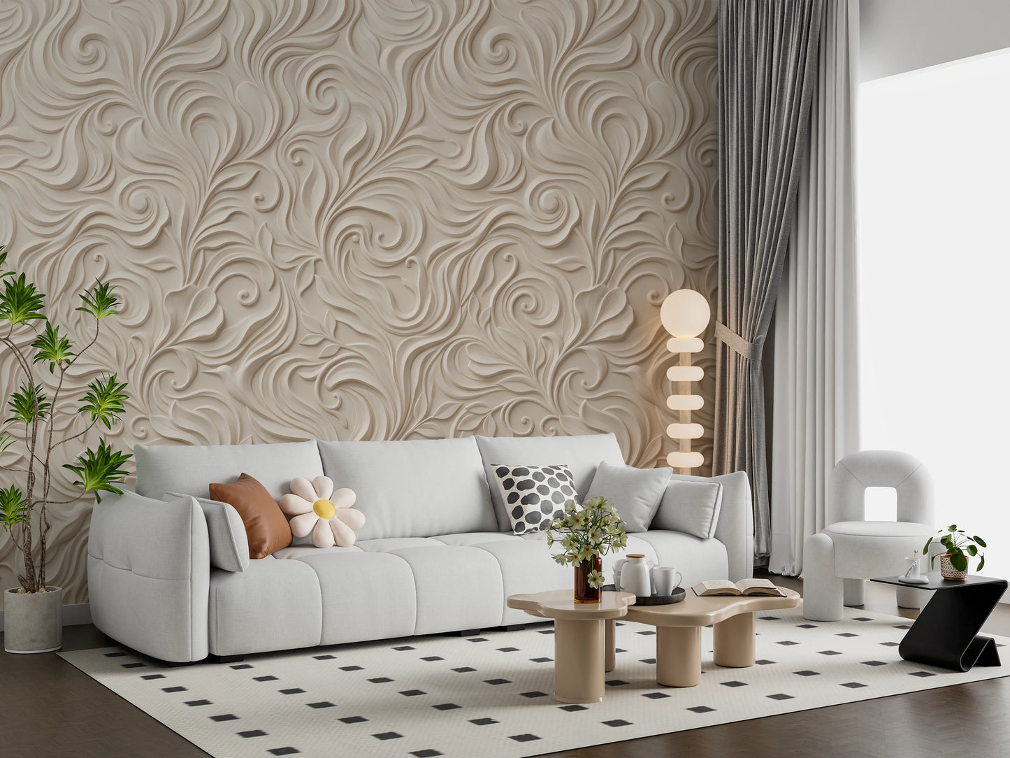 Elegant Cream Swirling Floral Relief Wallpaper Wall Mural