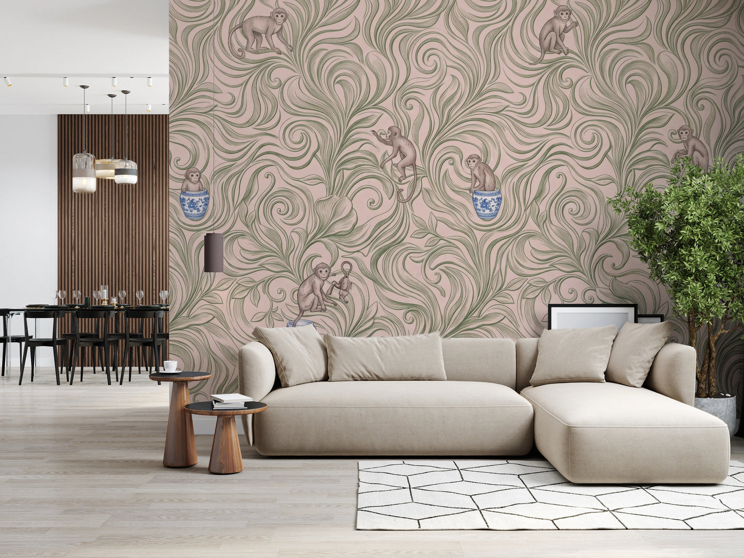 Chinoiserie Monkey Garden Pattern in Soft Pink Wall Mural