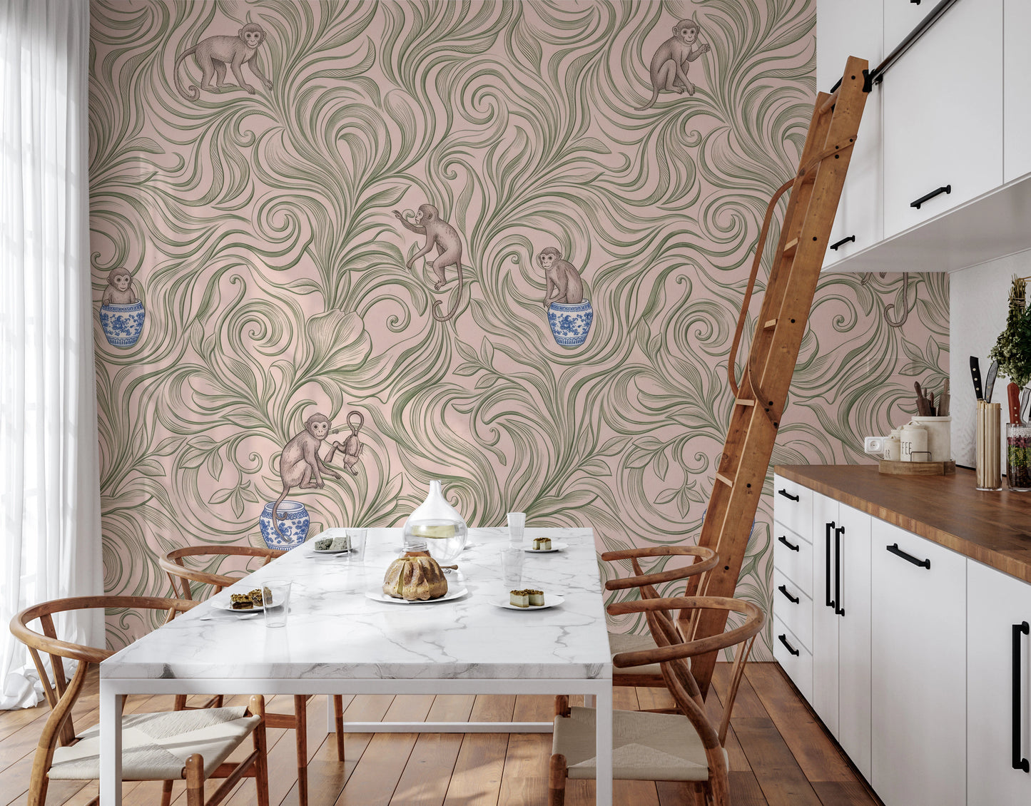 Chinoiserie Monkey Garden Pattern in Soft Pink Wall Mural