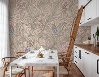 Chinoiserie Monkey Garden Pattern in Soft Pink Wall Mural
