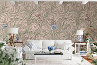 Chinoiserie Monkey Garden Pattern in Soft Pink Wall Mural