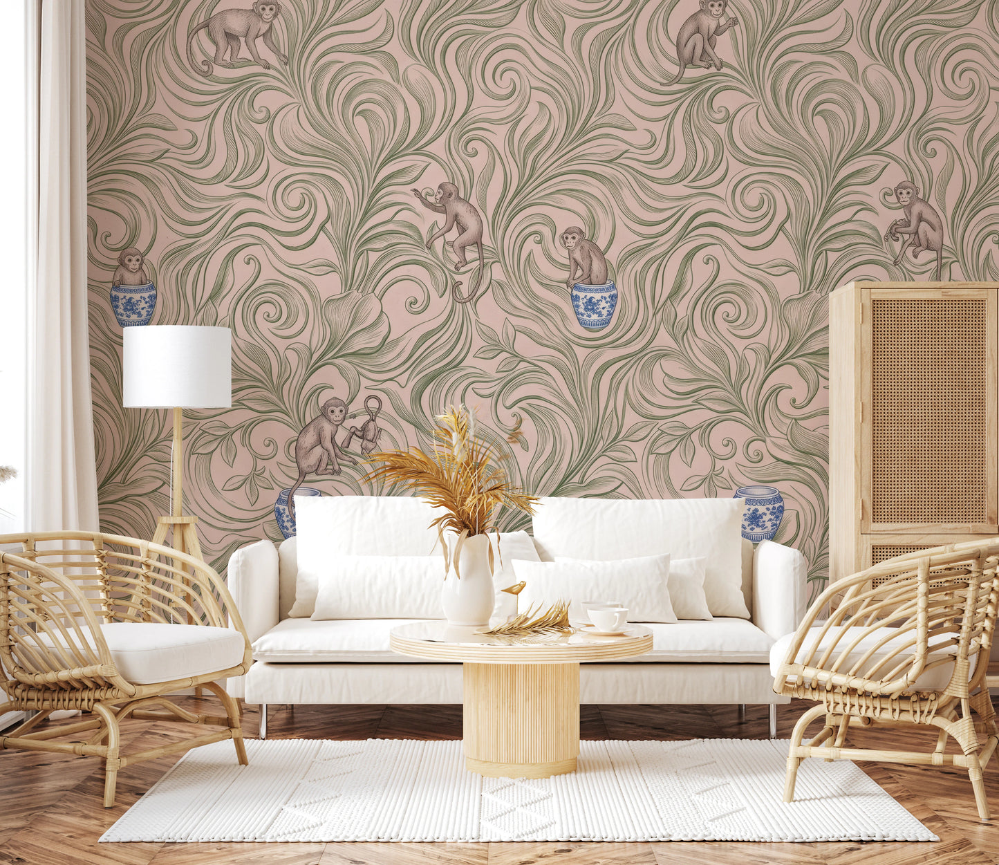Chinoiserie Monkey Garden Pattern in Soft Pink Wall Mural