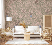 Chinoiserie Monkey Garden Pattern in Soft Pink Wall Mural