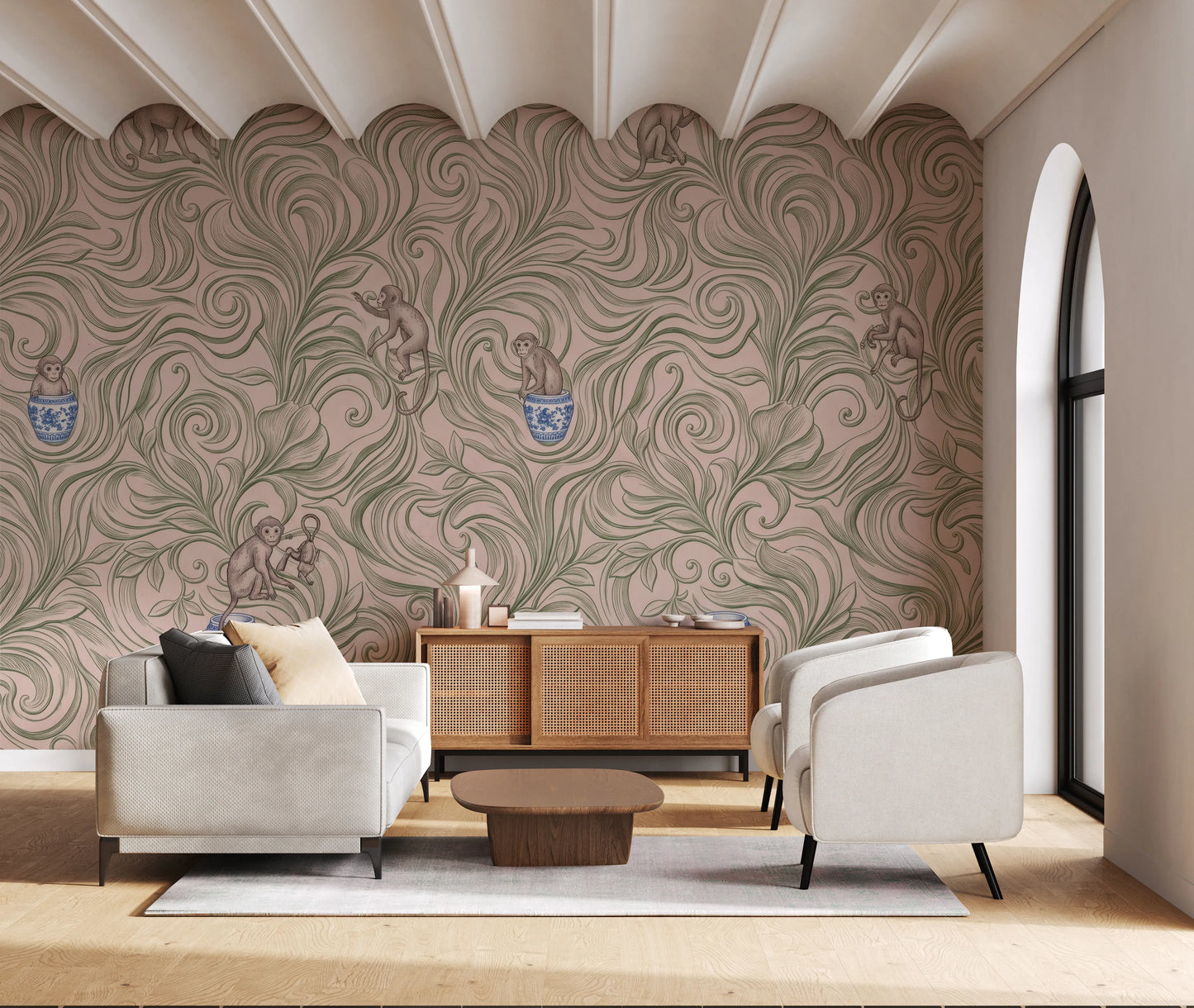 Chinoiserie Monkey Garden Pattern in Soft Pink Wall Mural