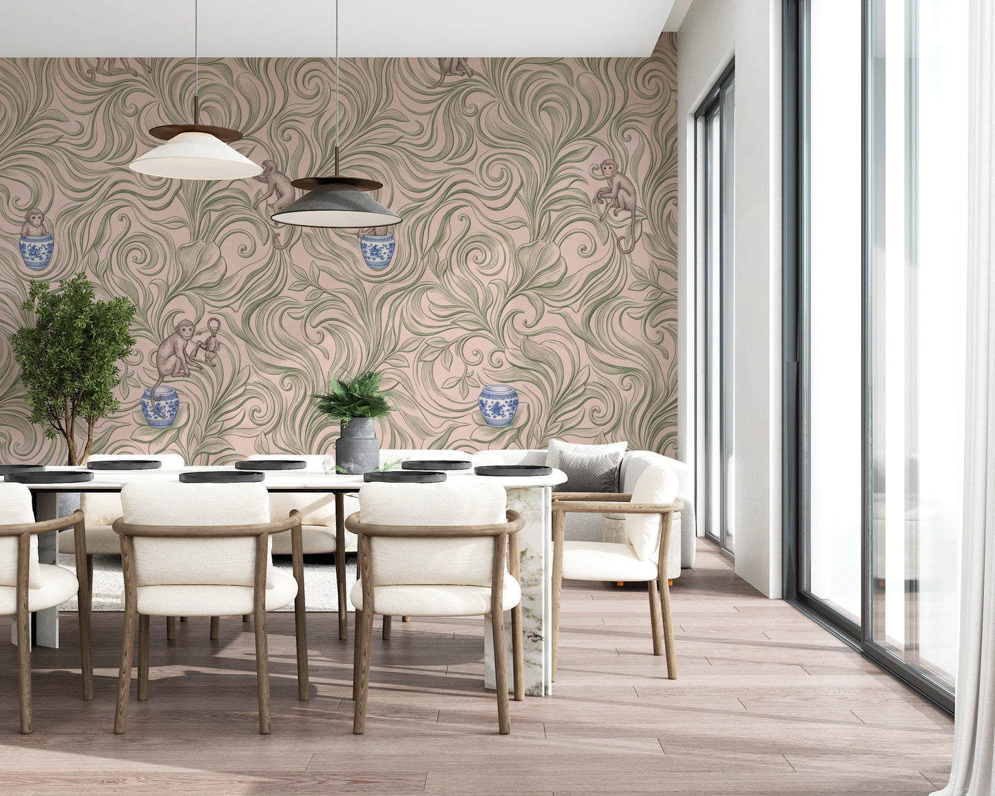 Chinoiserie Monkey Garden Pattern in Soft Pink Wall Mural