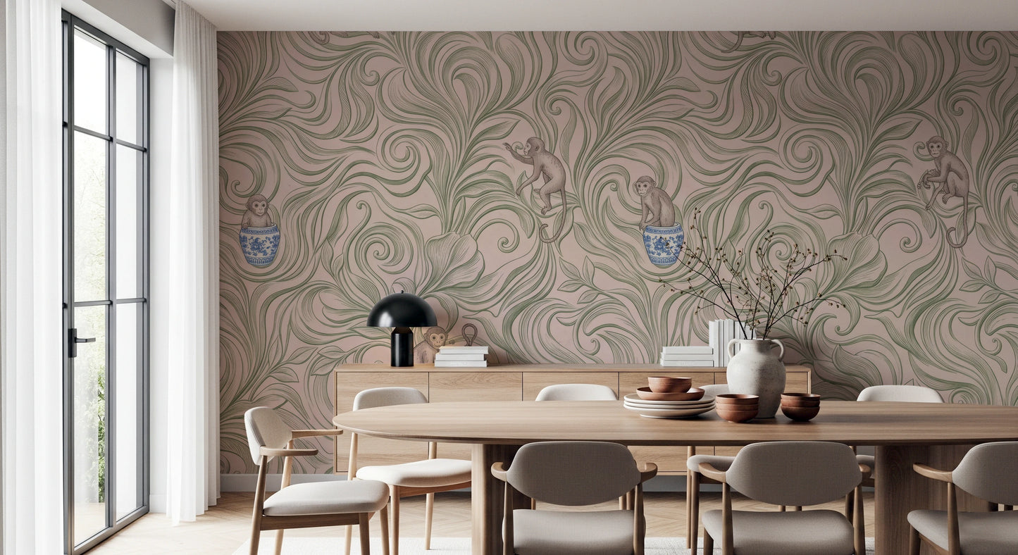Chinoiserie Monkey Garden Pattern in Soft Pink Wall Mural