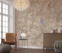 Chinoiserie Monkey Garden Pattern in Soft Pink Wall Mural