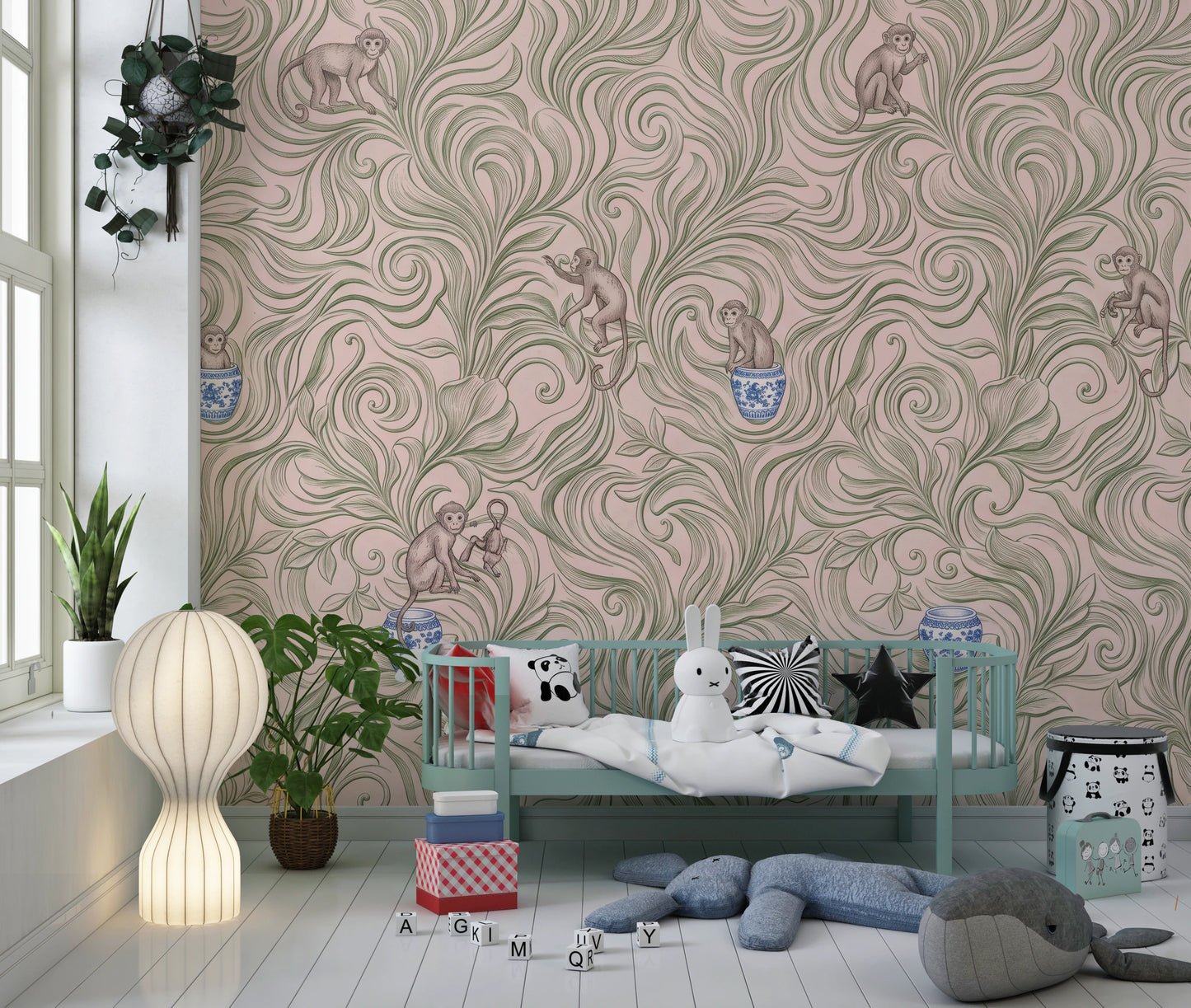 Chinoiserie Monkey Garden Pattern in Soft Pink Wall Mural