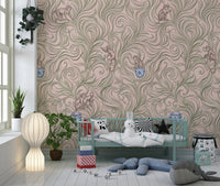 Chinoiserie Monkey Garden Pattern in Soft Pink Wall Mural