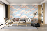 Whimsical Watercolor Birds and Blush Clouds Wallpaper Wall Mural