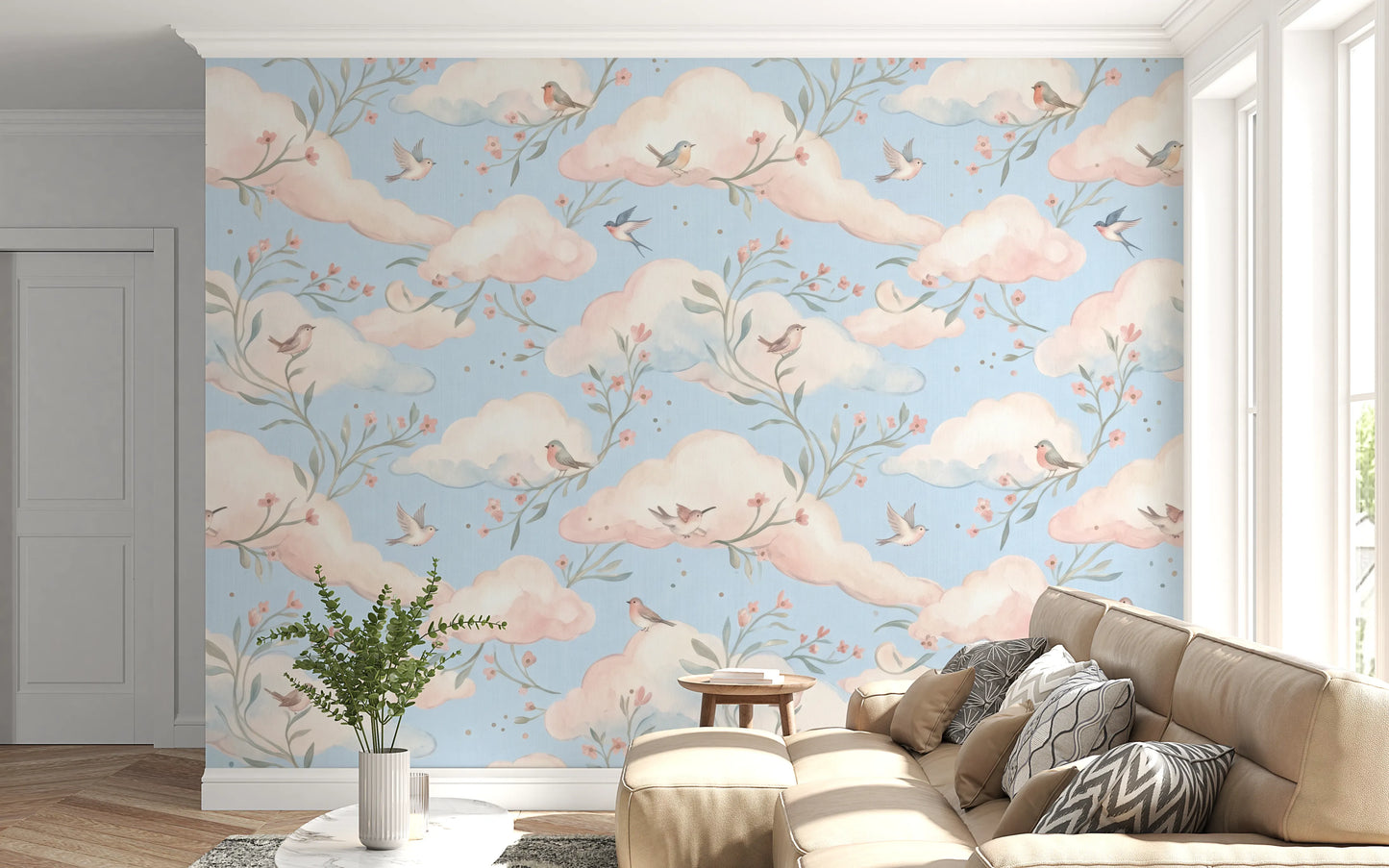 Whimsical Watercolor Birds and Blush Clouds Wallpaper Wall Mural