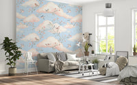 Whimsical Watercolor Birds and Blush Clouds Wallpaper Wall Mural
