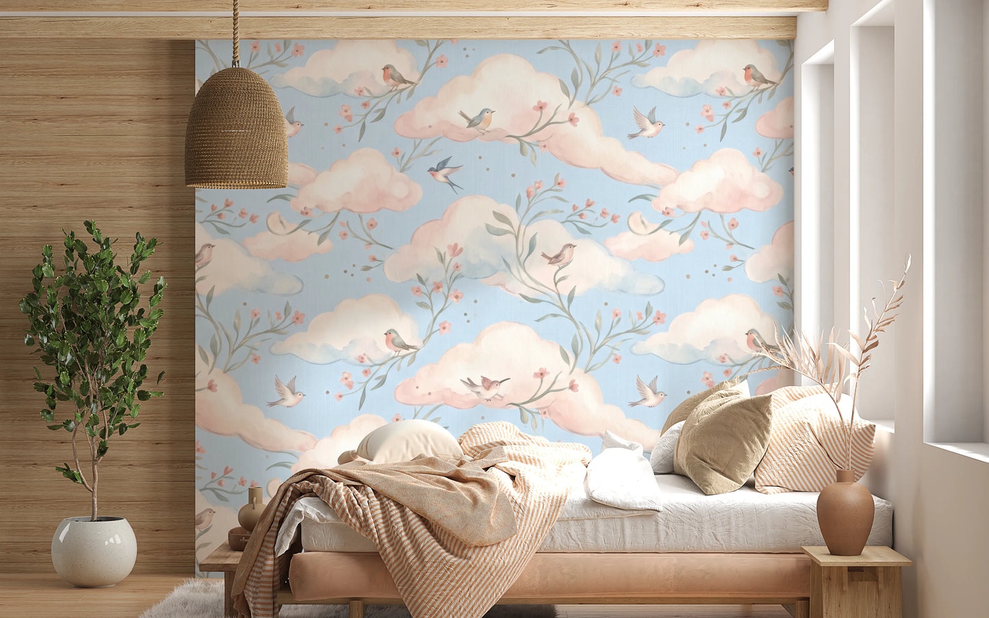 Whimsical Watercolor Birds and Blush Clouds Wallpaper Wall Mural