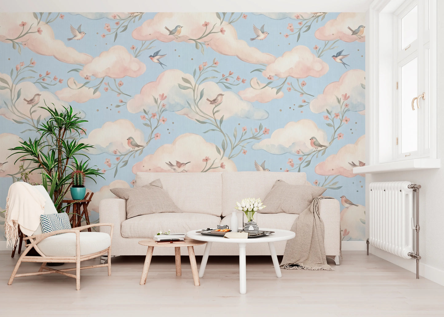 Whimsical Watercolor Birds and Blush Clouds Wallpaper Wall Mural