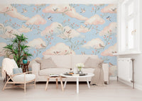 Whimsical Watercolor Birds and Blush Clouds Wallpaper Wall Mural