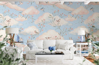 Whimsical Watercolor Birds and Blush Clouds Wallpaper Wall Mural