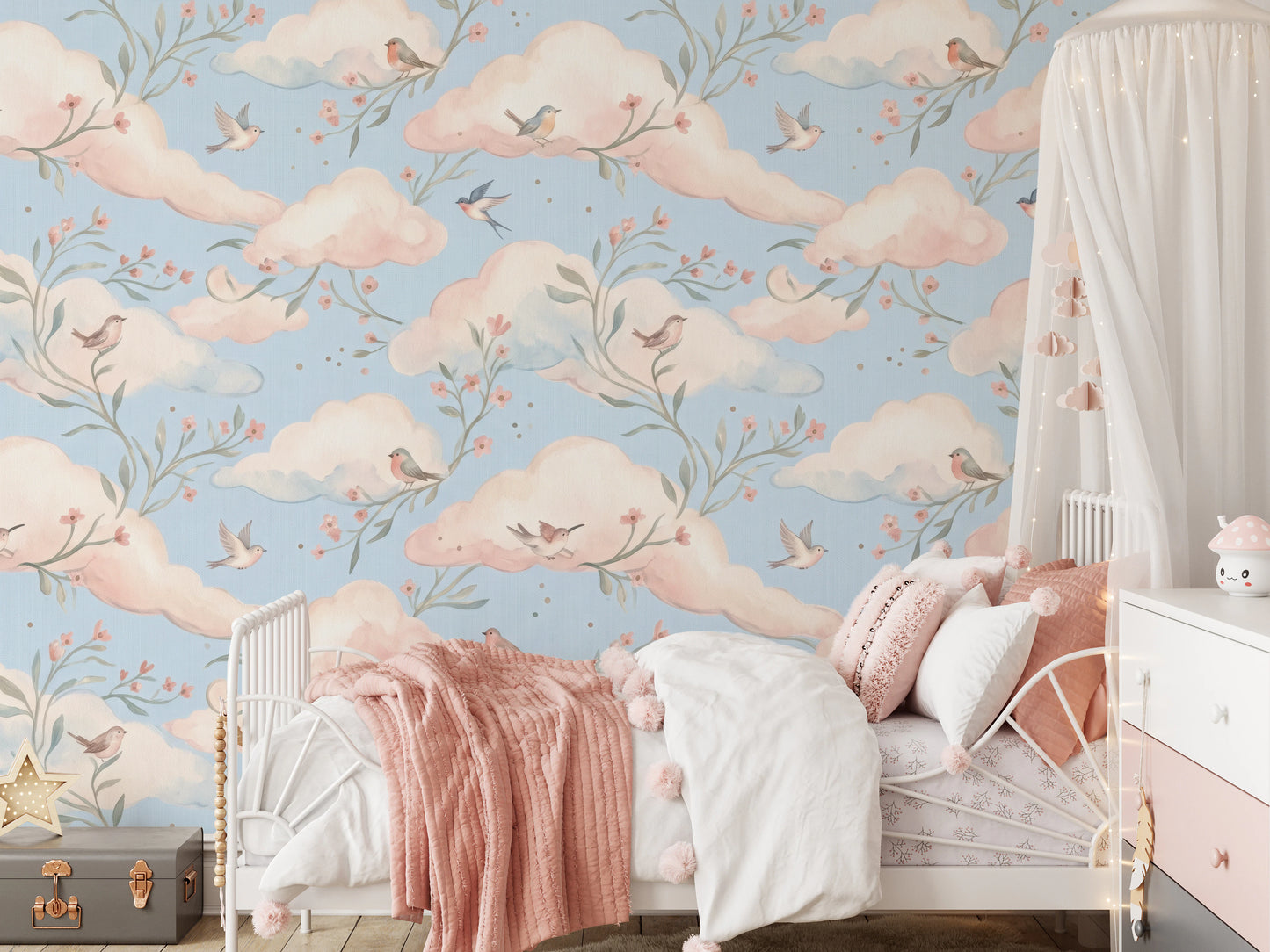 Whimsical Watercolor Birds and Blush Clouds Wallpaper Wall Mural