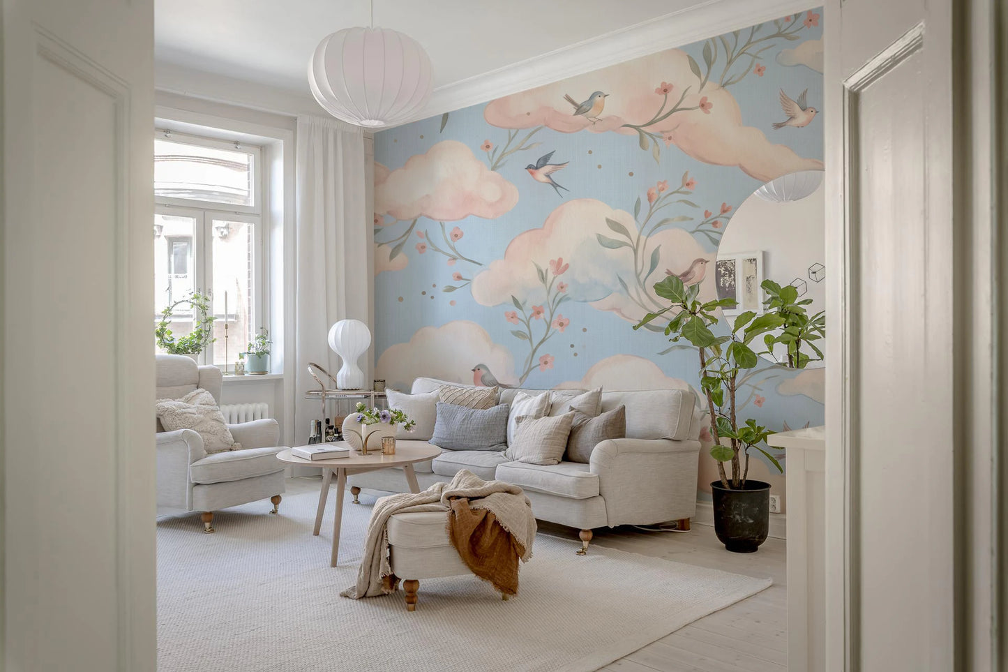 Whimsical Watercolor Birds and Blush Clouds Wallpaper Wall Mural