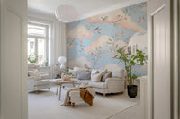 Whimsical Watercolor Birds and Blush Clouds Wallpaper Wall Mural
