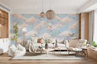 Whimsical Watercolor Birds and Blush Clouds Wallpaper Wall Mural