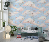 Whimsical Watercolor Birds and Blush Clouds Wallpaper Wall Mural