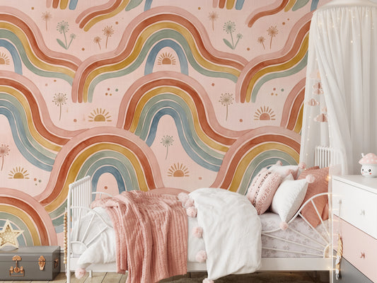 Boho Pastel Rainbow Waves Childrens Wallpaper Wall Mural