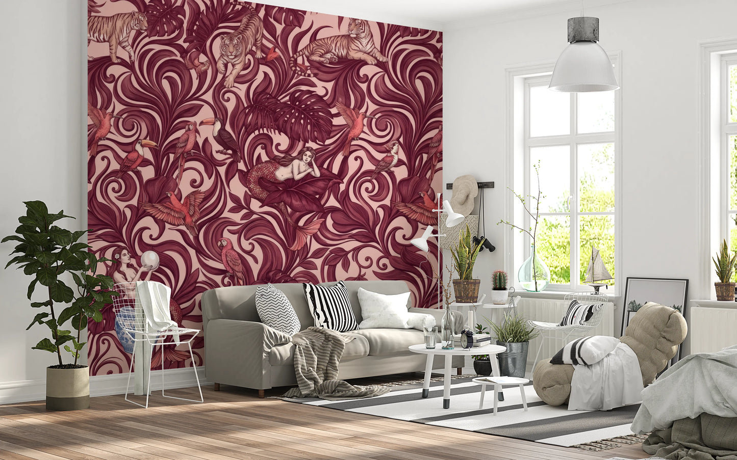 Enchanted Jungle Mermaid Botanical Crimson Wallpaper Wall Mural