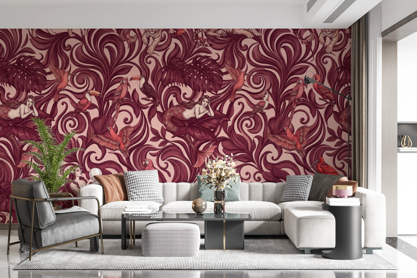 Enchanted Jungle Mermaid Botanical Crimson Wallpaper Wall Mural