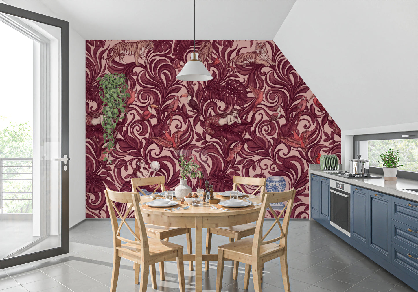 Enchanted Jungle Mermaid Botanical Crimson Wallpaper Wall Mural