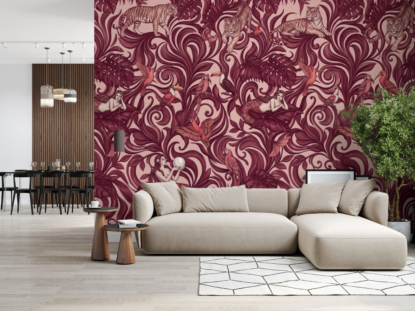 Enchanted Jungle Mermaid Botanical Crimson Wallpaper Wall Mural