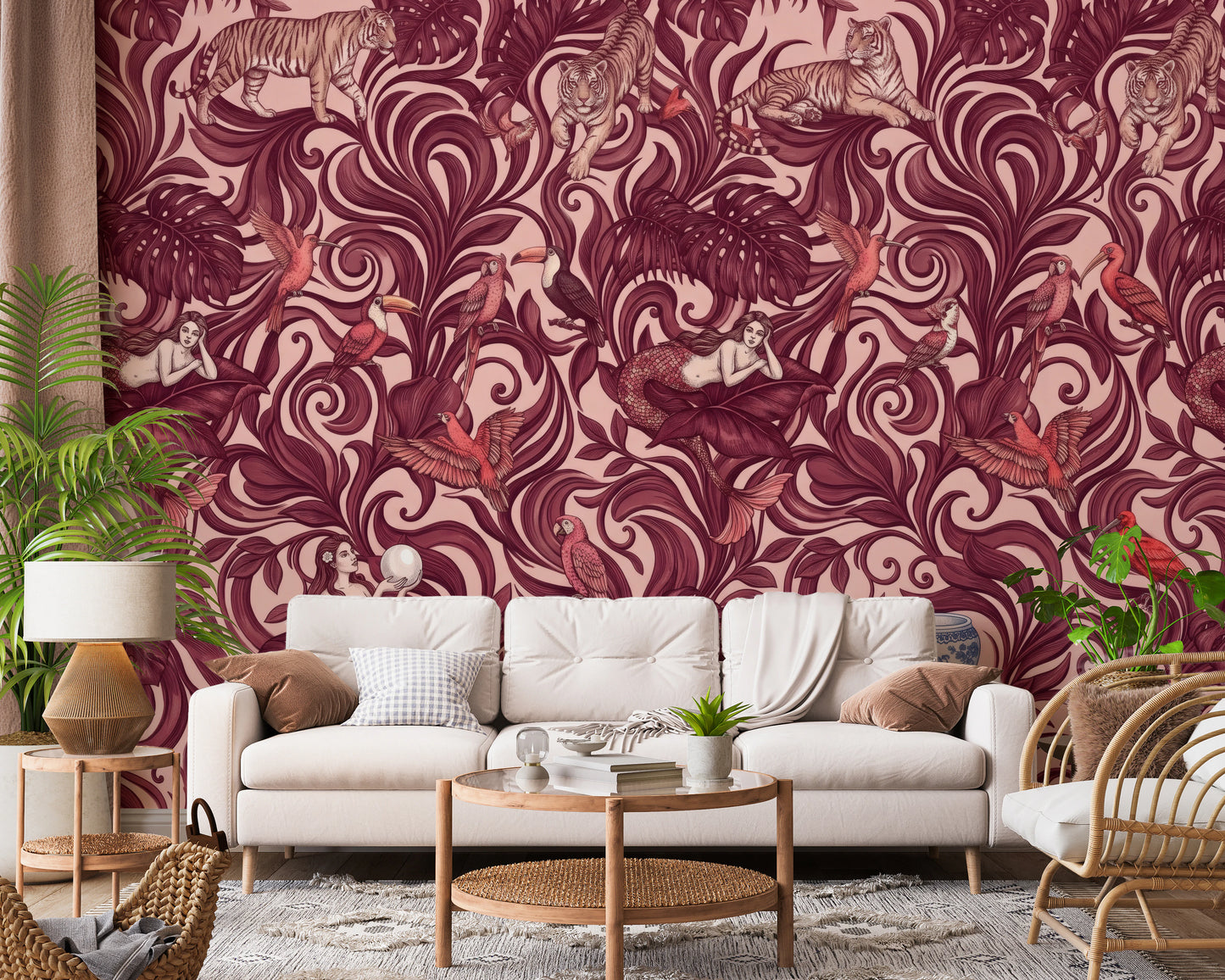 Enchanted Jungle Mermaid Botanical Crimson Wallpaper Wall Mural