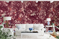 Enchanted Jungle Mermaid Botanical Crimson Wallpaper Wall Mural