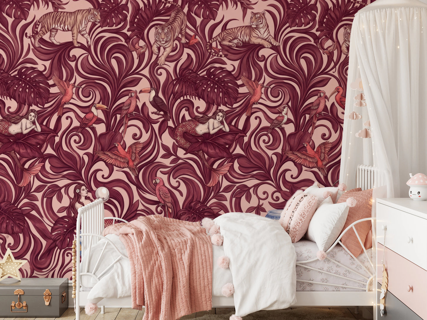 Enchanted Jungle Mermaid Botanical Crimson Wallpaper Wall Mural
