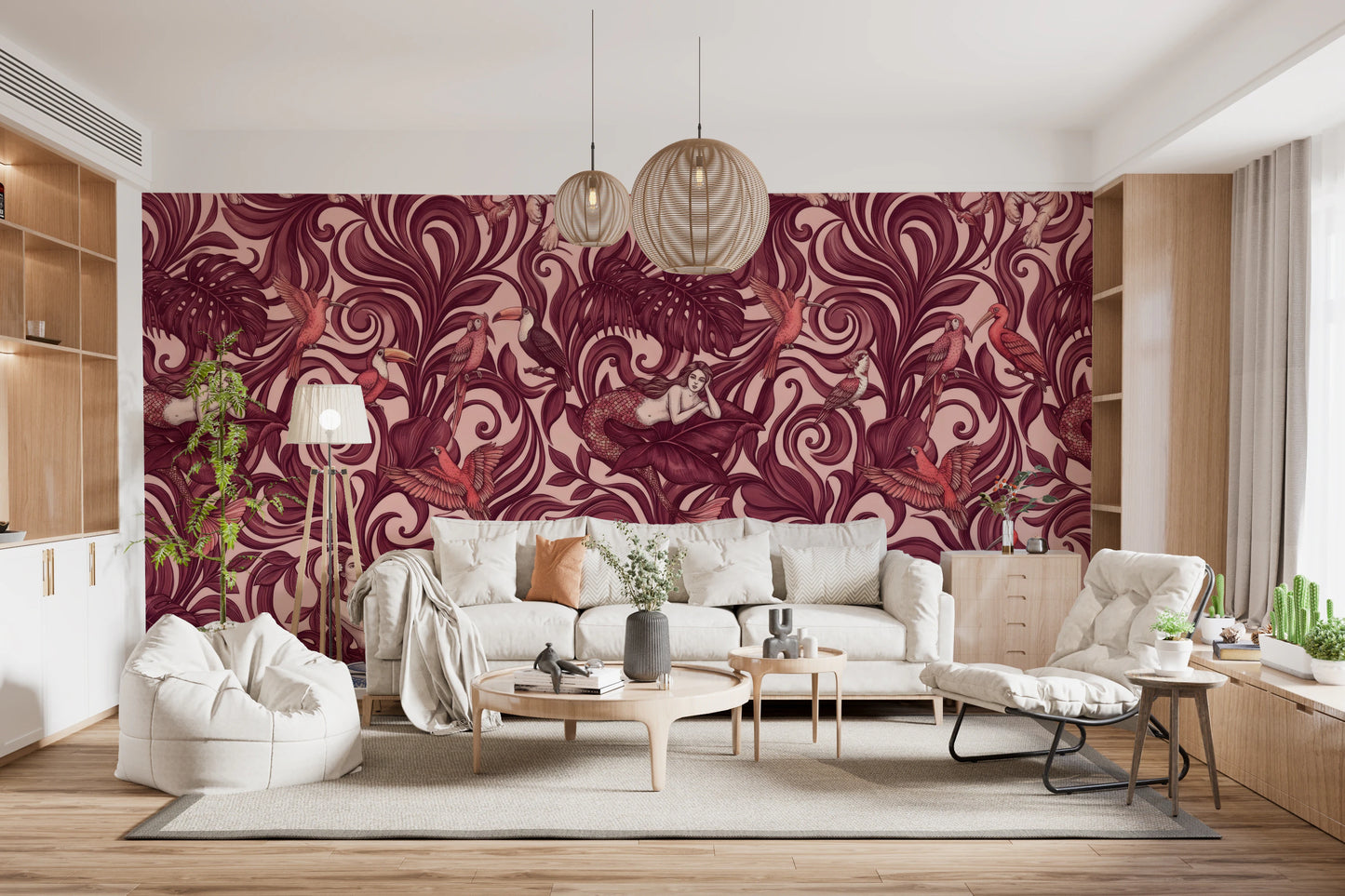 Enchanted Jungle Mermaid Botanical Crimson Wallpaper Wall Mural
