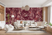 Enchanted Jungle Mermaid Botanical Crimson Wallpaper Wall Mural