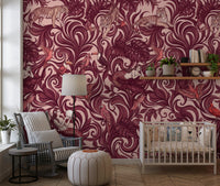 Enchanted Jungle Mermaid Botanical Crimson Wallpaper Wall Mural