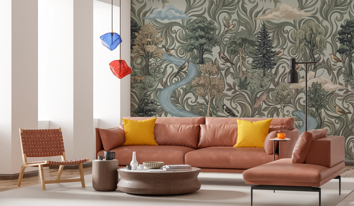 Green forest mural in a living room with trees, birds, and woodland animals